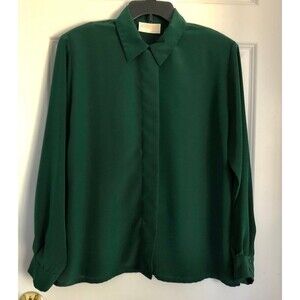 Women’s Blouse Green Solid Button Down Long Sleeves Size 14 Vintage U.S.A.